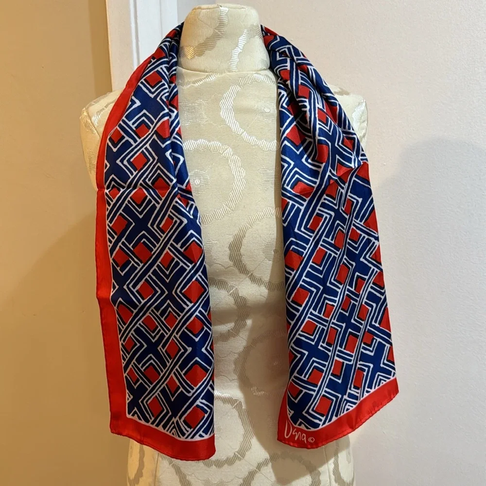 Vera Rectangular Geo Abstract Red White Blue Vintage Scarf Japan 44”x15 1/2”